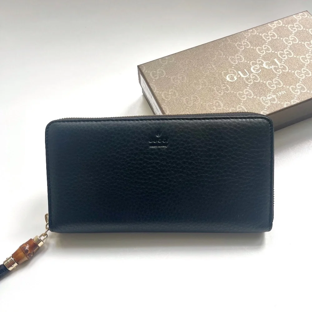 New Gucci Classic Bamboo Zip Around Black Leather Wallet